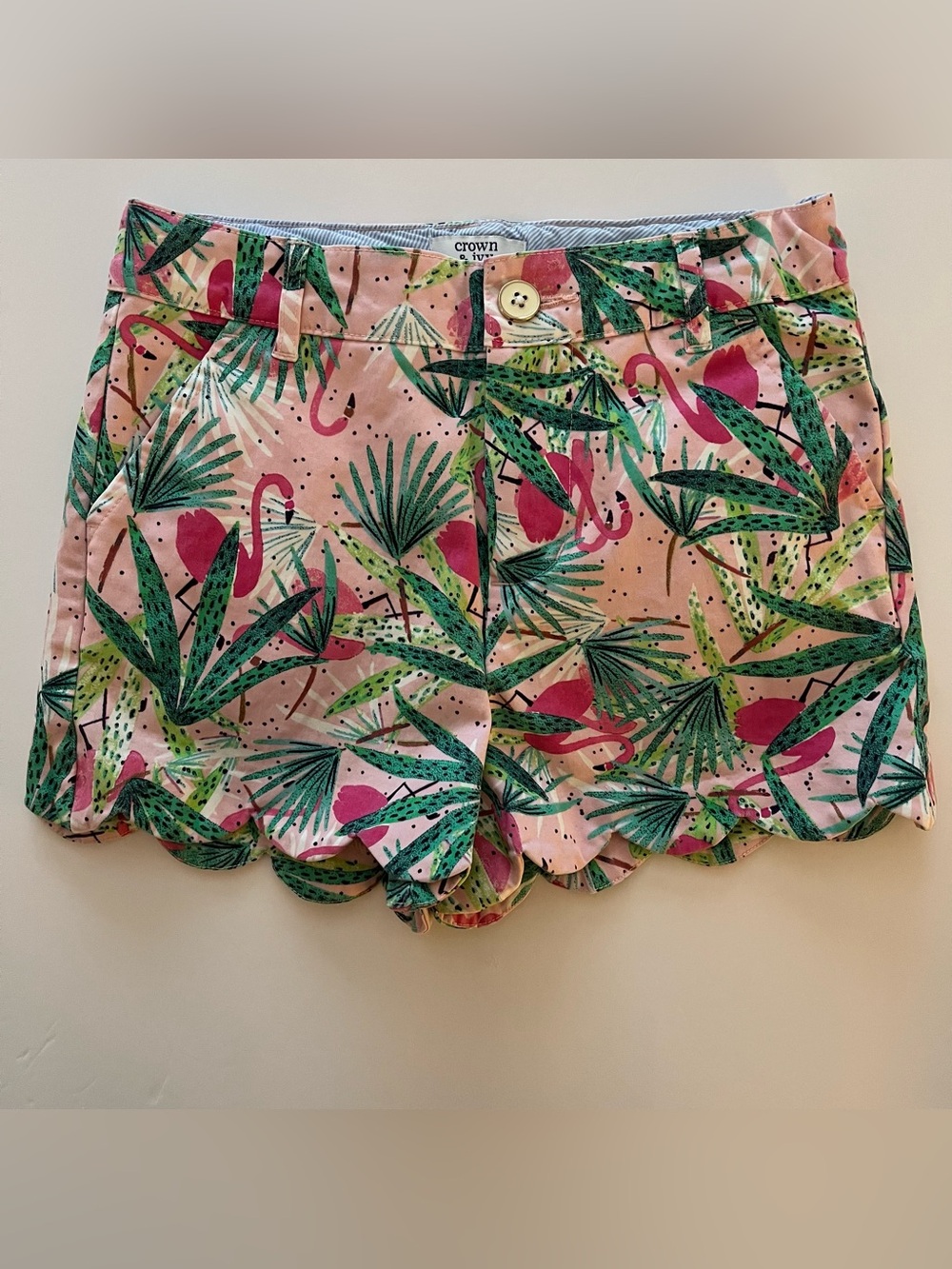 Crown & Ivy Girls Shorts Flamingo Tropical Chino Adjustable Waist Size 10